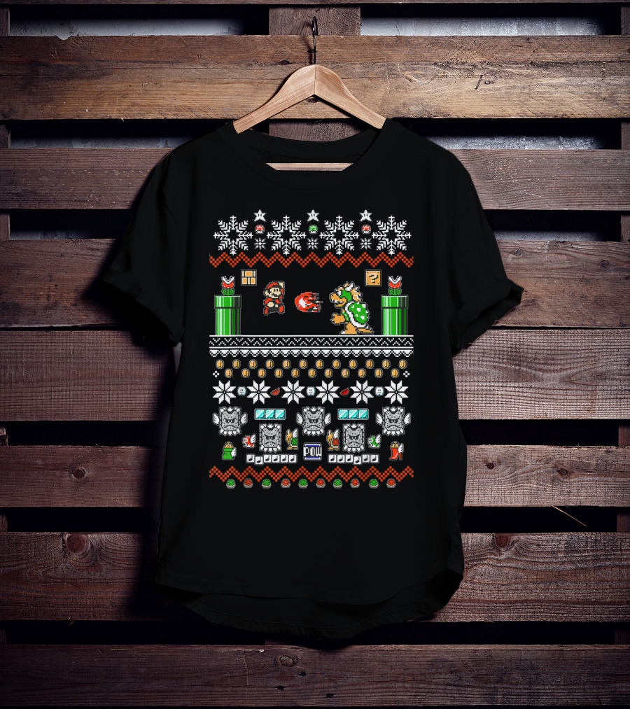 Super Mario And Bowser Pixel Art Holiday Theme With Coin And Mushroom Elements T-Shirt