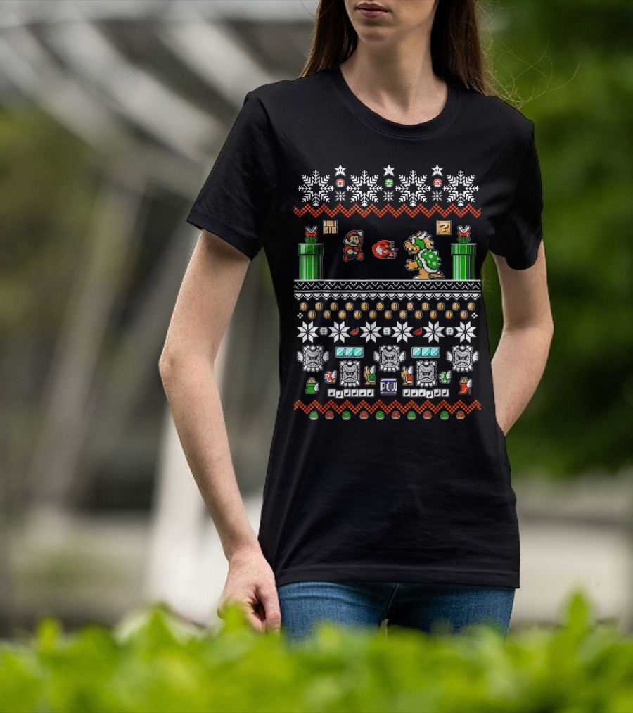 Super Mario And Bowser Pixel Art Holiday Theme With Coin And Mushroom Elements T-Shirt
