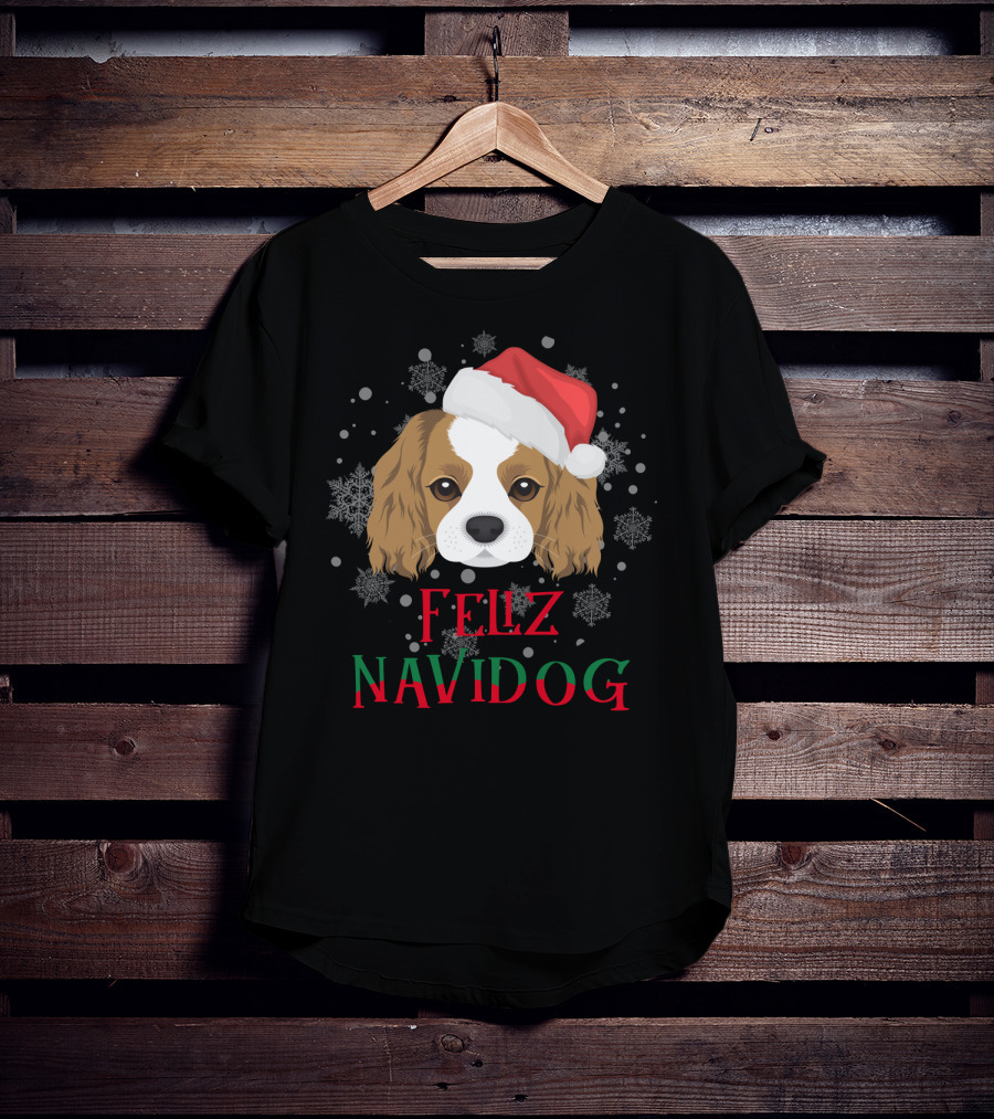 Feliz Navidog Charles Spaniel Santa Hat Snowflakes T-Shirt