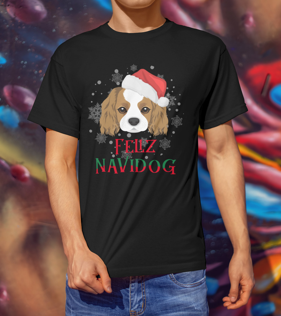 Feliz Navidog Charles Spaniel Santa Hat Snowflakes T-Shirt