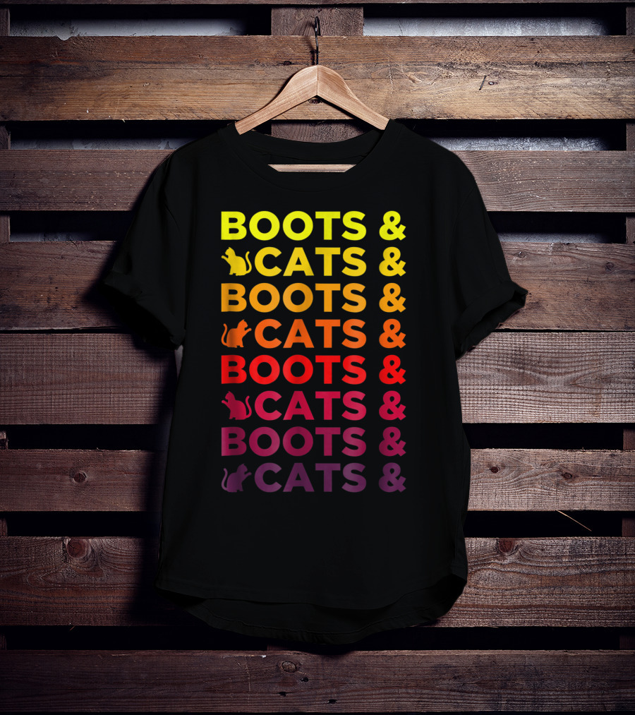 Boots And Cats EDM Rave Festival Funny Repeating Text And Cat T-Shirt