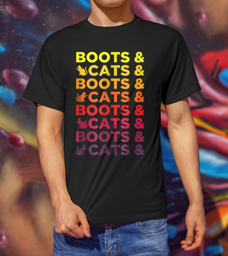 Boots And Cats EDM Rave Festival Funny Repeating Text And Cat T-Shirt
