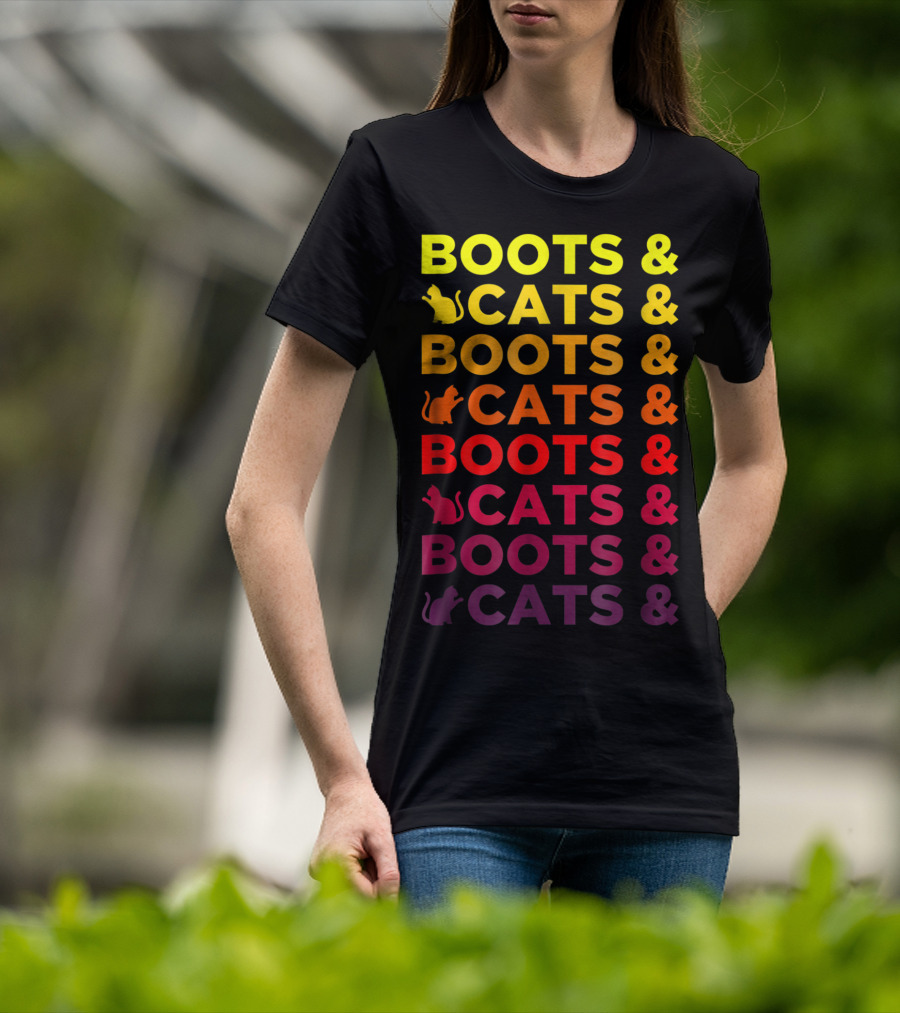 Boots And Cats EDM Rave Festival Funny Repeating Text And Cat T-Shirt