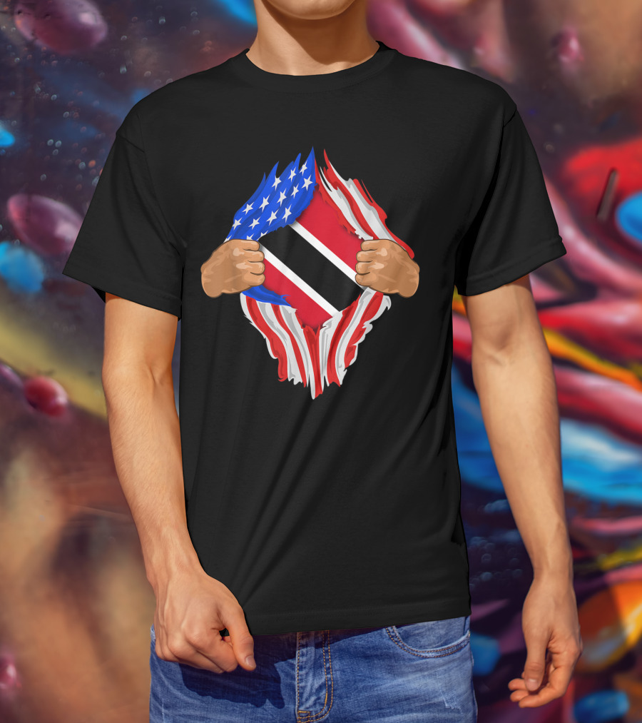 American And Trinidad And Tobago Flag Ripped Open T-Shirt
