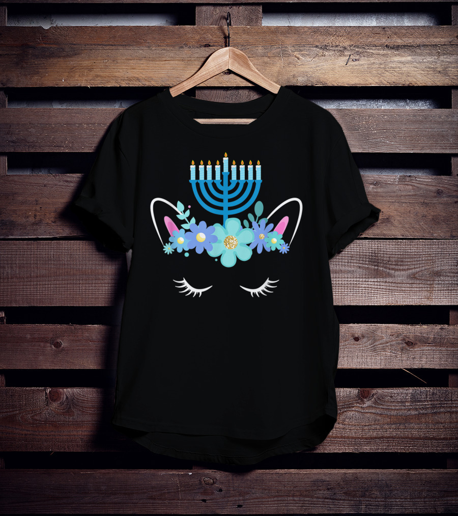 Unicorn Face Hanukkah Menorah Floral Ears Girls T-Shirt