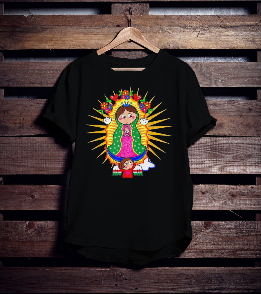 Virgen De Guadalupe Cartoon Mexican Folk Art Angel Children Flowers Sacred Image T-Shirt