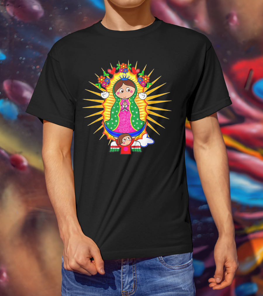 Virgen De Guadalupe Cartoon Mexican Folk Art Angel Children Flowers Sacred Image T-Shirt