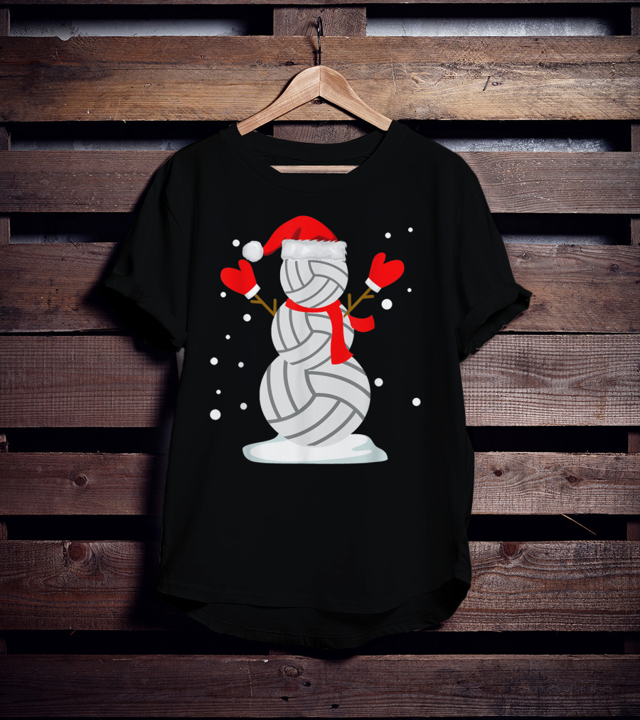 Volleyball Snowman With Santa Hat And Red Mittens T-Shirt