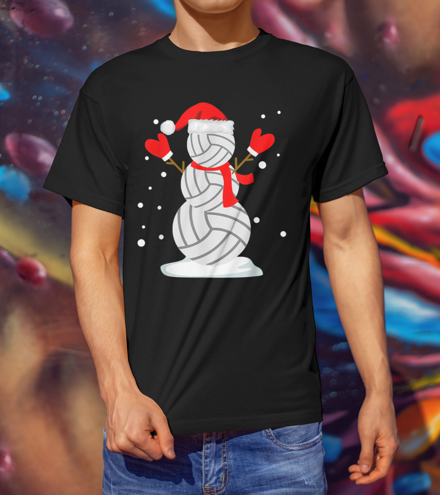 Volleyball Snowman With Santa Hat And Red Mittens T-Shirt