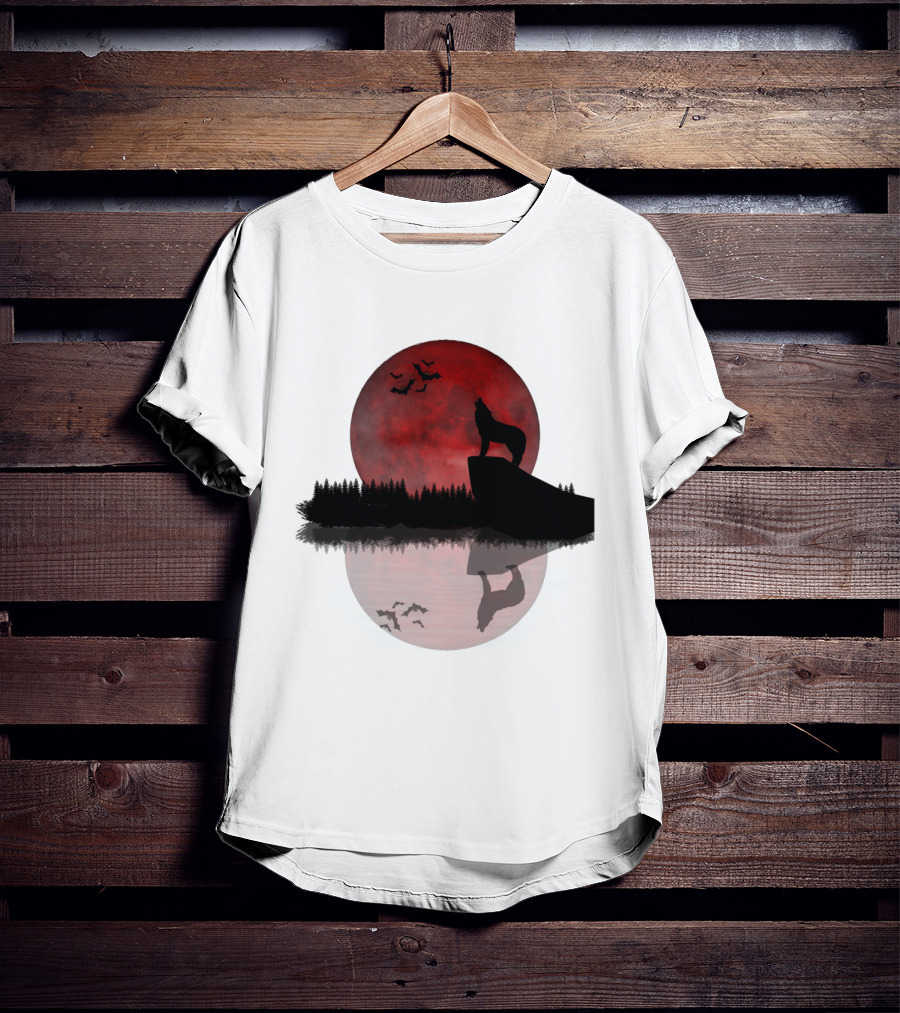 Wolf Howling At Blood Moon With Bats Silhouette And Starry Night Reflection T-Shirt