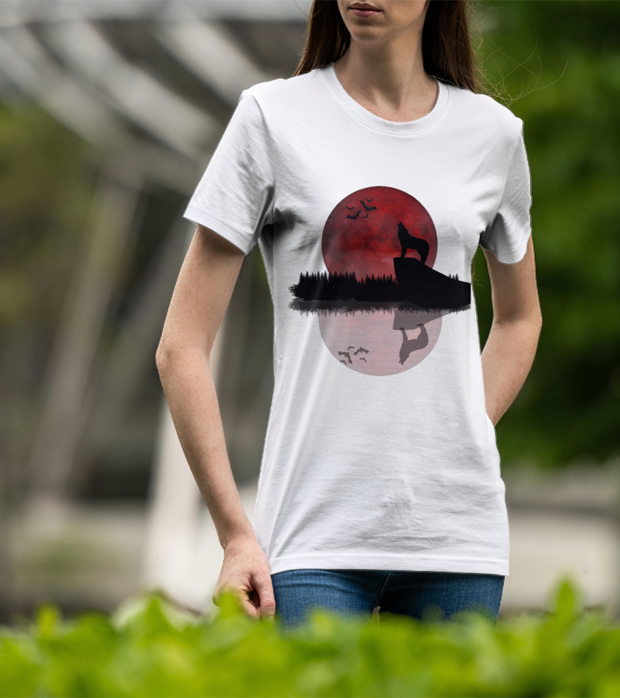 Wolf Howling At Blood Moon With Bats Silhouette And Starry Night Reflection T-Shirt