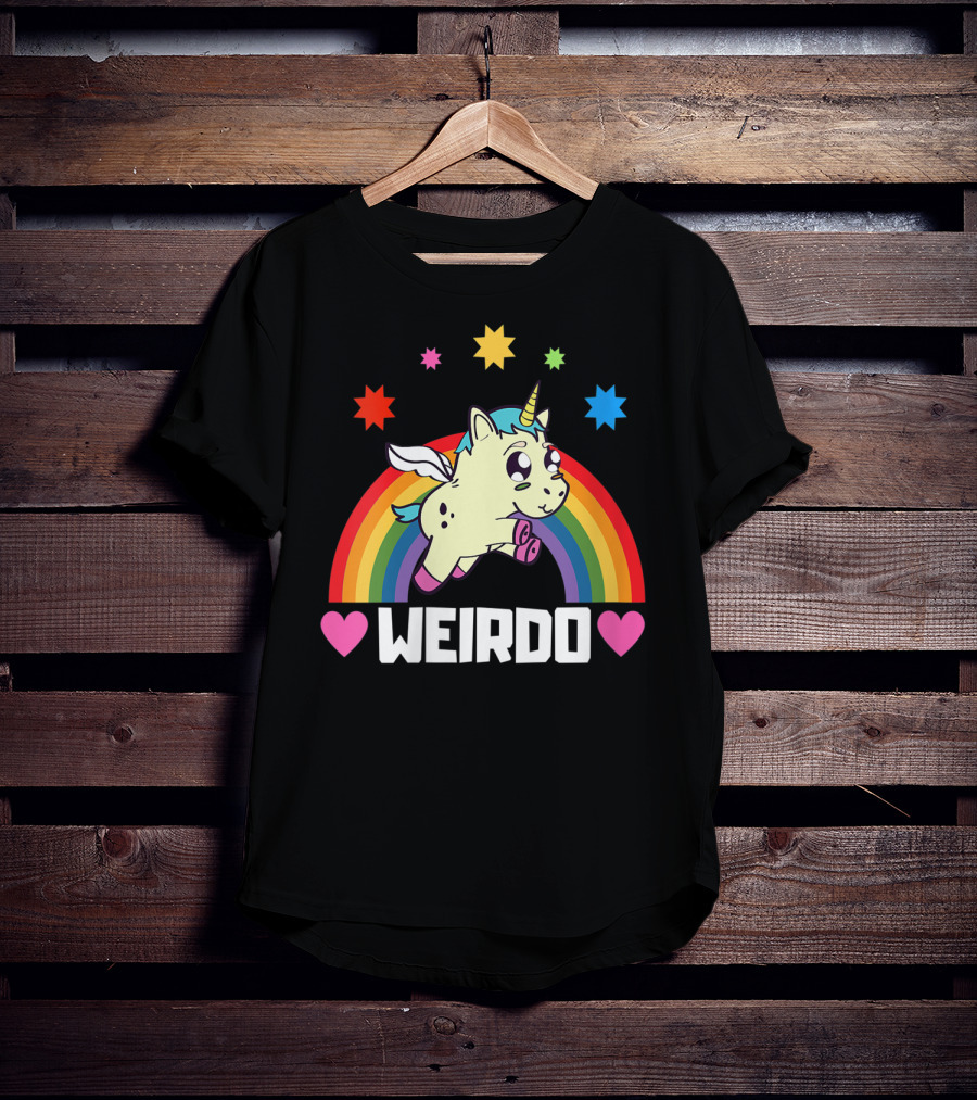 Weird Funny Weirdo Outcast Unicorn Rainbow Hearts Stars T-Shirt