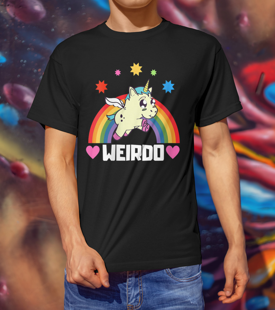 Weird Funny Weirdo Outcast Unicorn Rainbow Hearts Stars T-Shirt