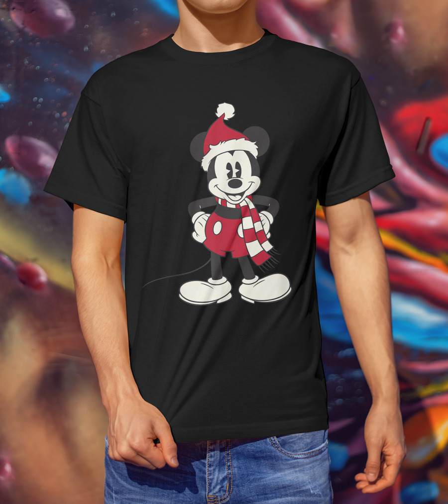 Disney Mickey Mouse Santa Hat And Scarf T-Shirt
