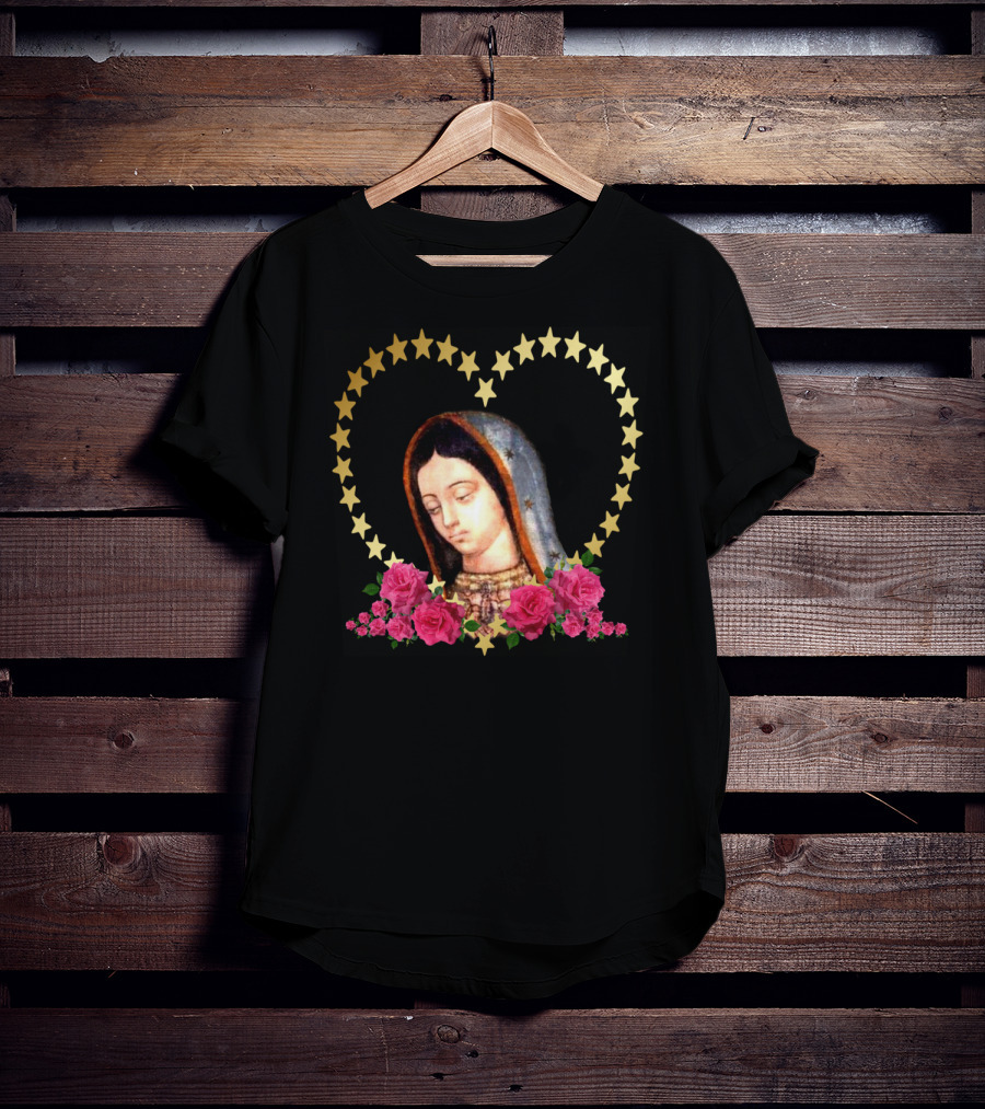 Our Lady Of Guadalupe Mexican Virgin Mary With Gold Stars And Roses T-Shirt