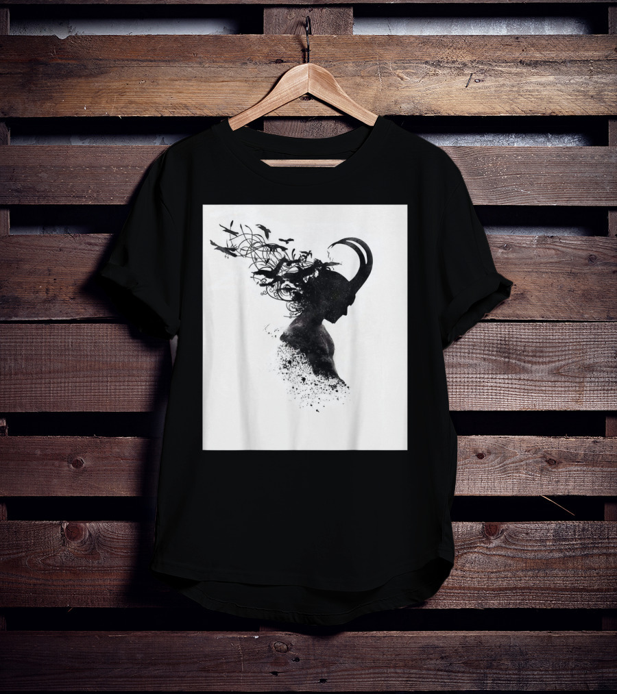 Loki Norse God Of Mischief Silhouette With Birds And Horns T-Shirt