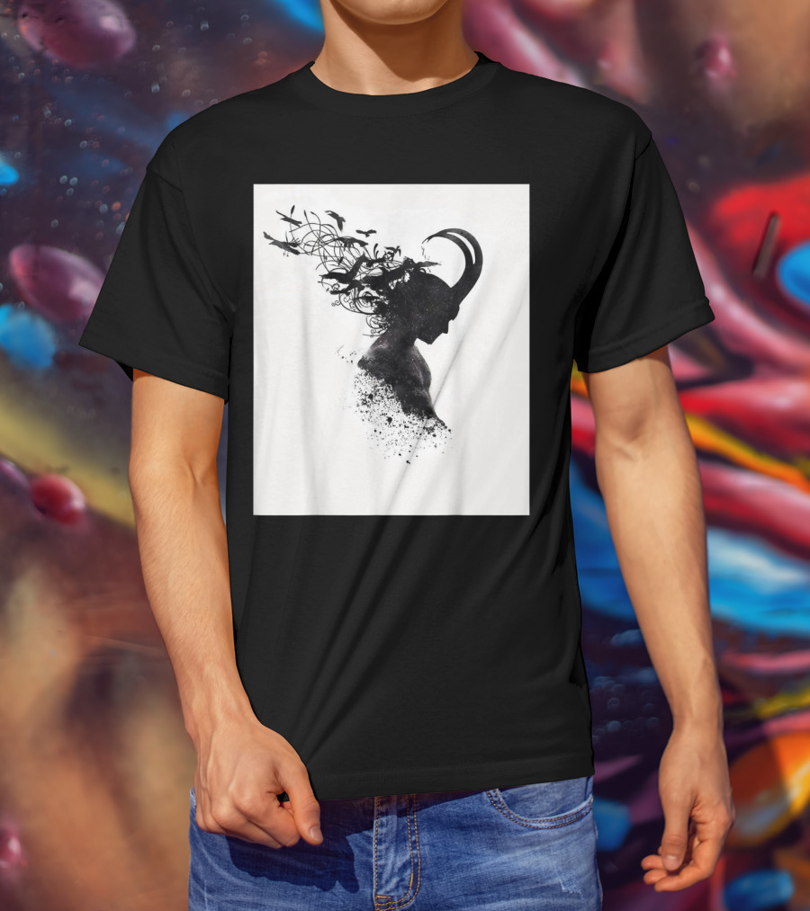 Loki Norse God Of Mischief Silhouette With Birds And Horns T-Shirt