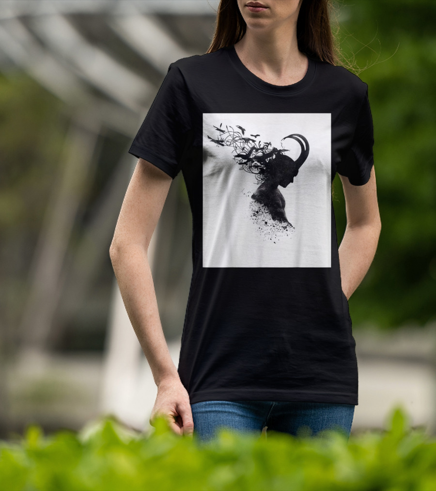 Loki Norse God Of Mischief Silhouette With Birds And Horns T-Shirt