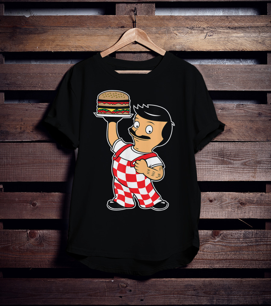 Big Bob Checkered Overalls Burger Mascot T-Shirt