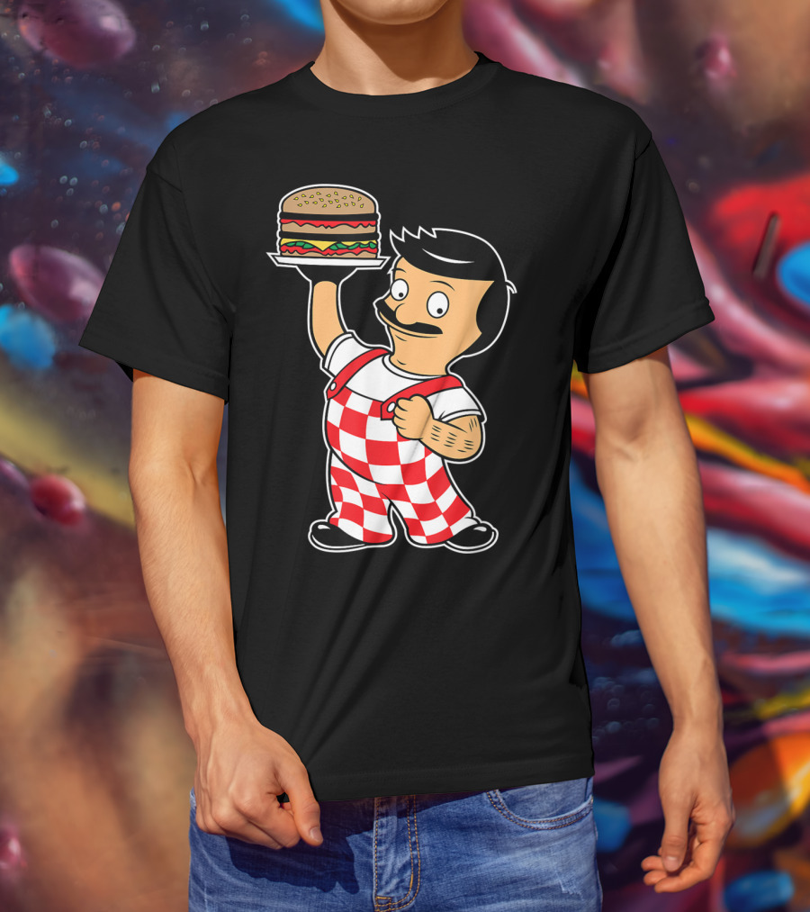 Big Bob Checkered Overalls Burger Mascot T-Shirt