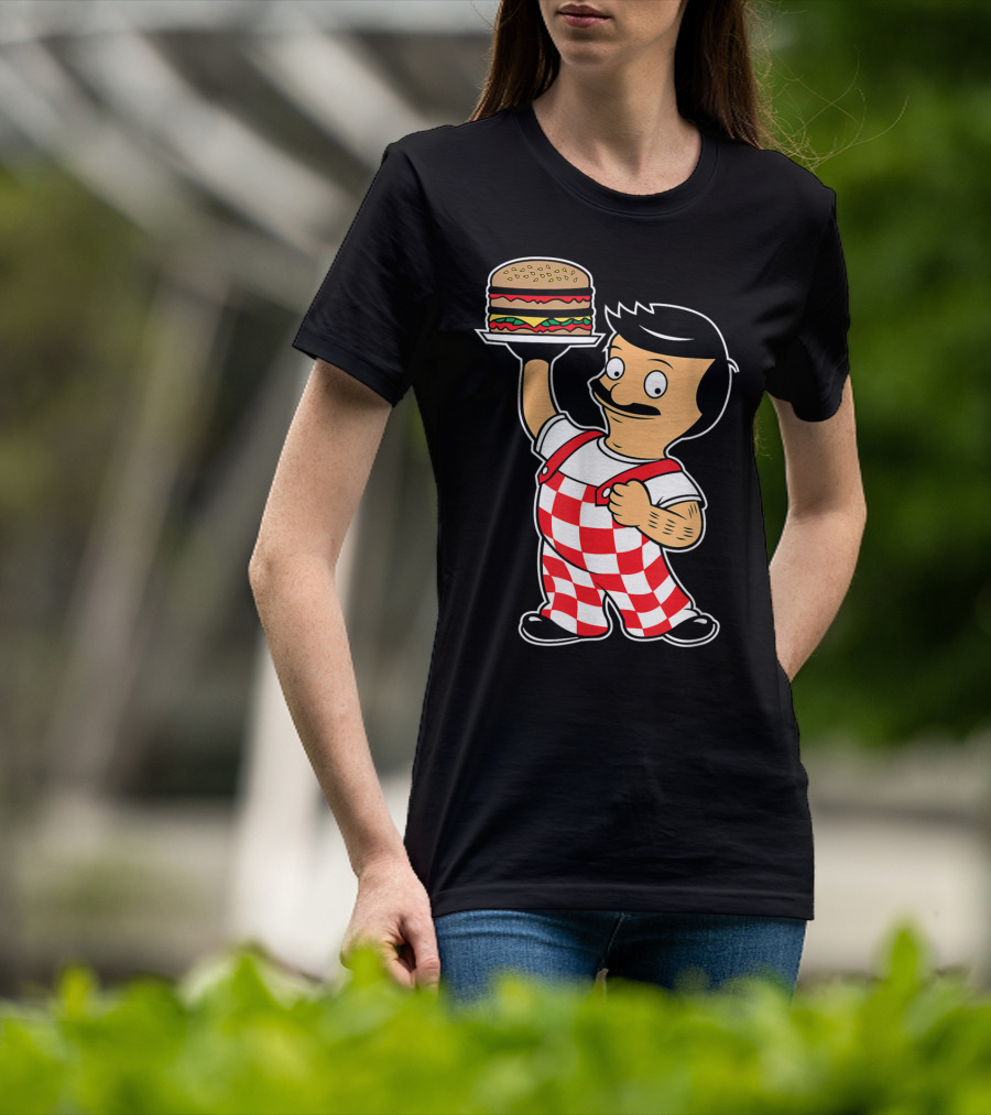 Big Bob Checkered Overalls Burger Mascot T-Shirt