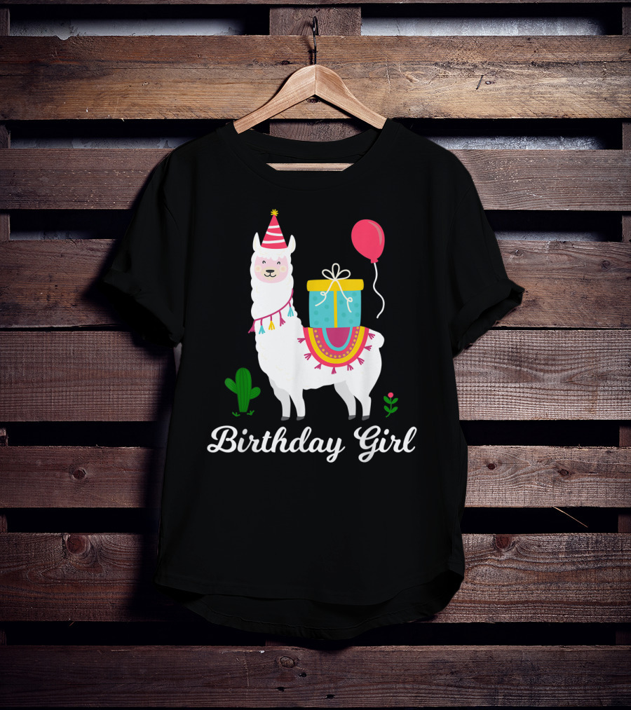 Birthday Girl Cute Alpaca Llama Cactus Balloon Party T-Shirt
