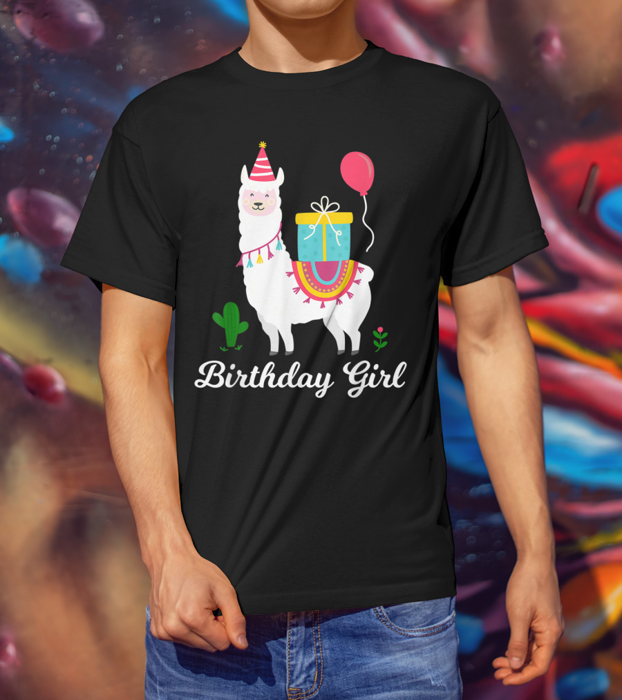 Birthday Girl Cute Alpaca Llama Cactus Balloon Party T-Shirt