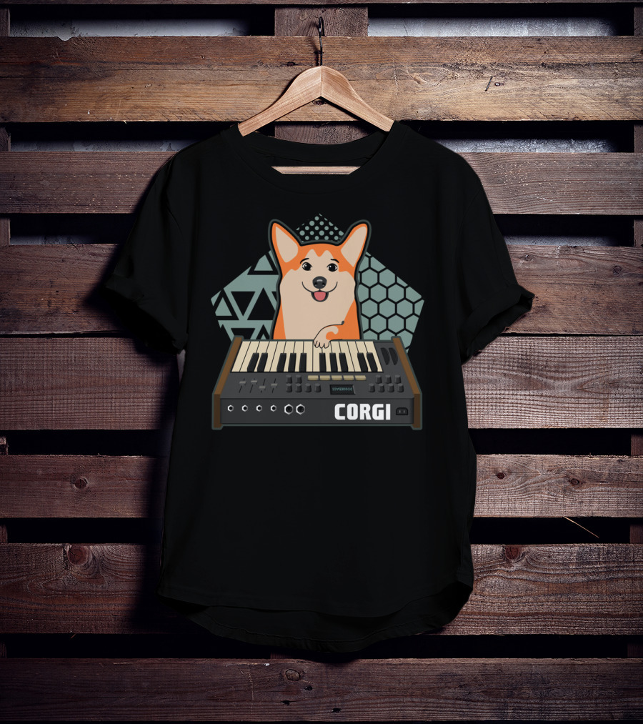 Corgi Synthesizer Musician Dog Lover Hood Keyboard Hexagon Triangles T-Shirt
