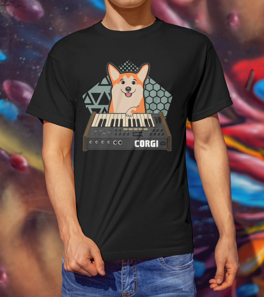 Corgi Synthesizer Musician Dog Lover Hood Keyboard Hexagon Triangles T-Shirt
