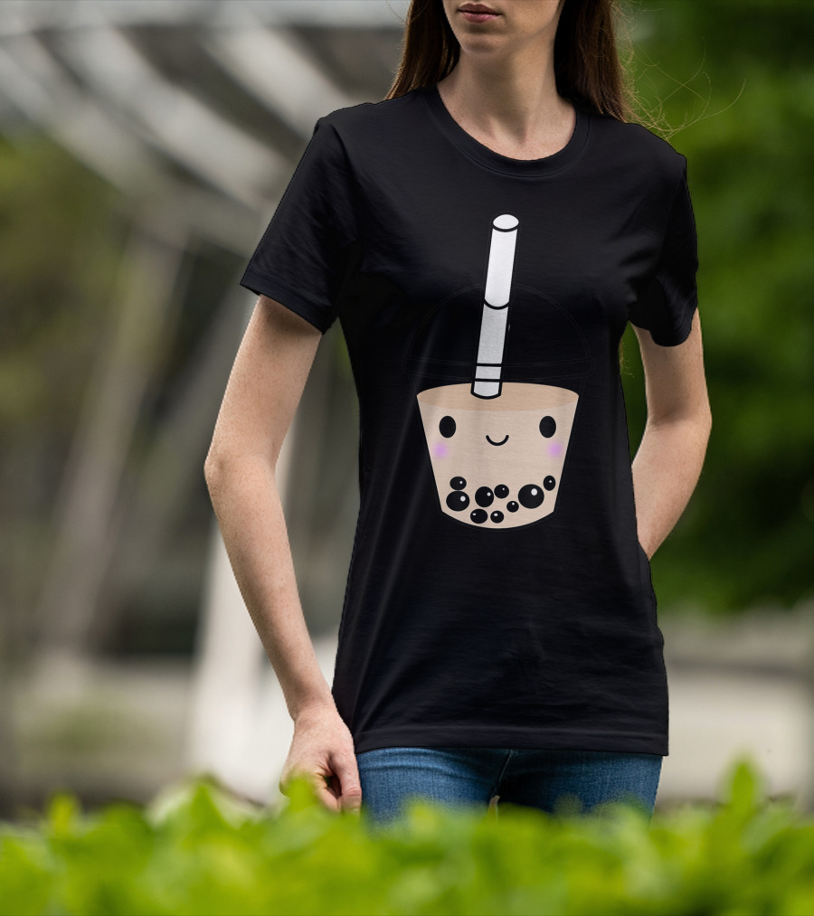 Cute Kawaii Boba Milk Tea Lover With Smiling Bubble Face T-Shirt