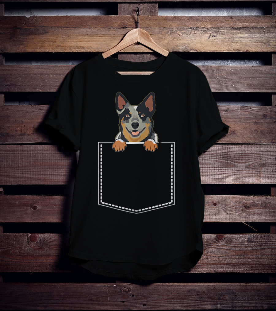 Cute Little Australian Cattle Dog Peeking Out Of Pocket T-Shirt