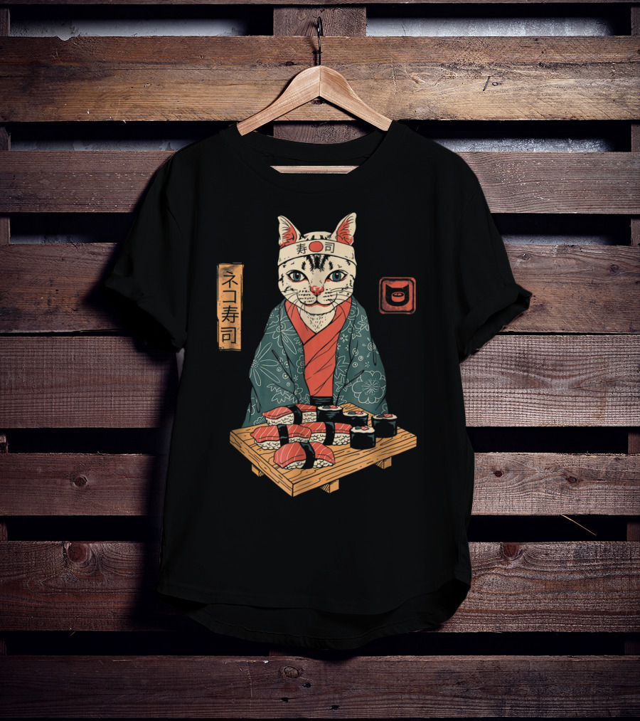 Neko Sushi Cat Chef In Kimono With Sushi Platter T-Shirt