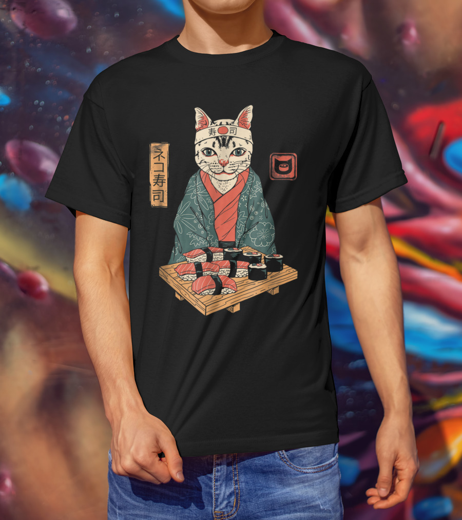Neko Sushi Cat Chef In Kimono With Sushi Platter T-Shirt
