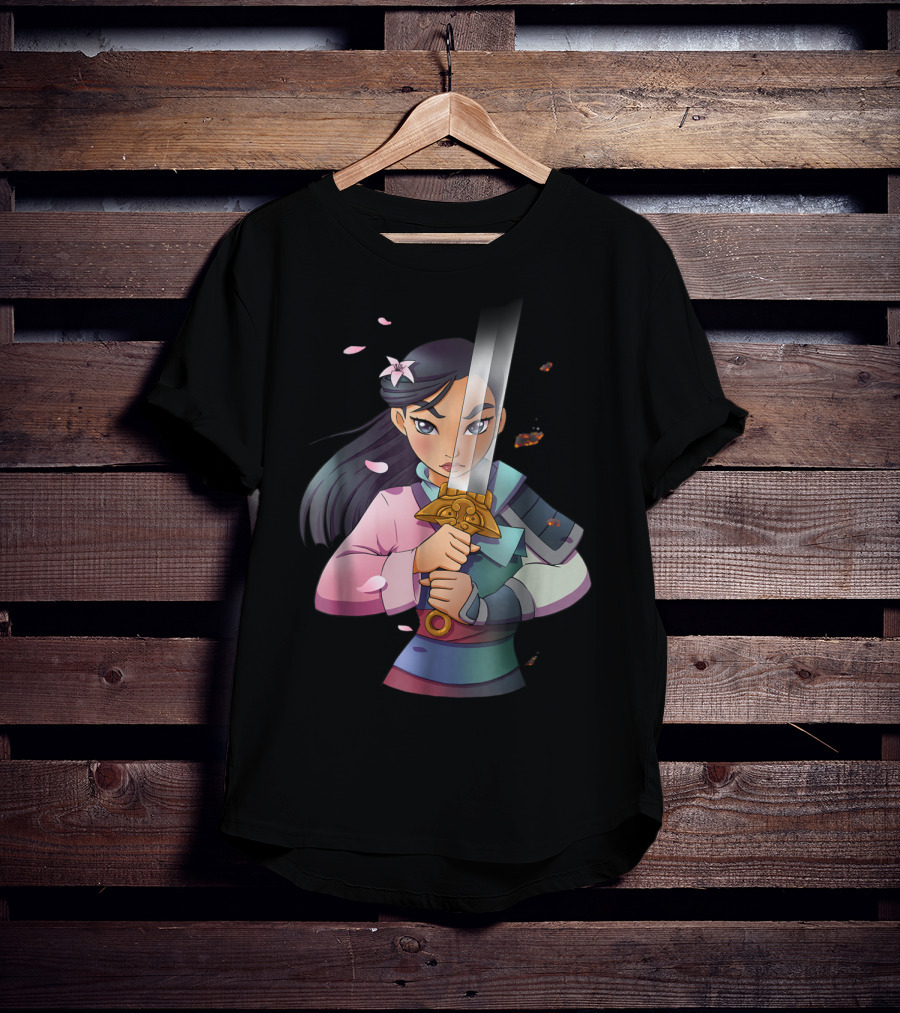 Disney Mulan Anime Half Girl Half Warrior Sword Blossoms T-Shirt