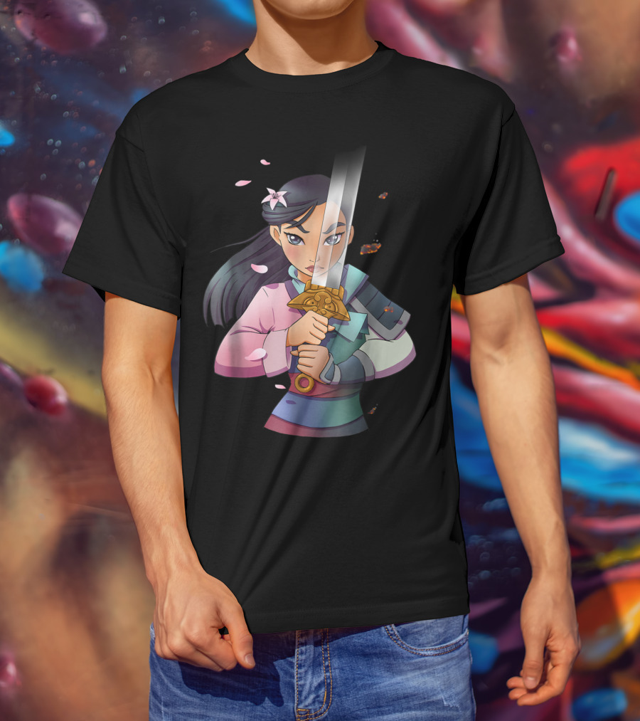 Disney Mulan Anime Half Girl Half Warrior Sword Blossoms T-Shirt