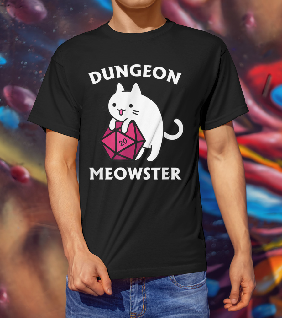 Dungeon Meowster Cat Hugging D20 Dice For Funny DnD Tabletop Gamer T-Shirt
