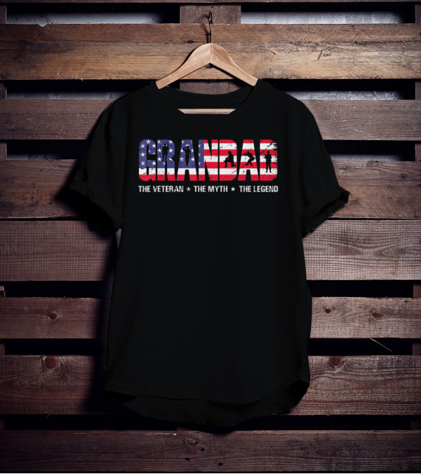 Fathers Day Grandad The Veteran The Myth The Legend Patriotic American Flag T-Shirt