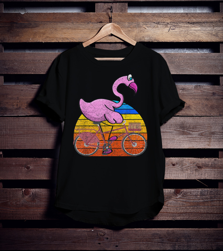 Flamingo Riding Bicycle Funny Retro Sunset T-Shirt