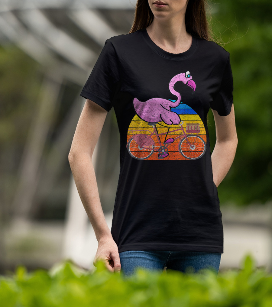 Flamingo Riding Bicycle Funny Retro Sunset T-Shirt