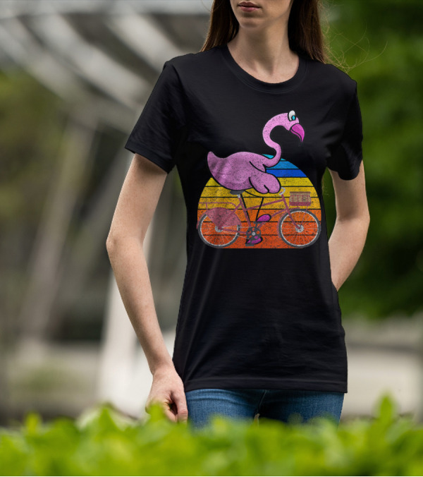 Flamingo Riding Bicycle Funny Retro Sunset T-Shirt