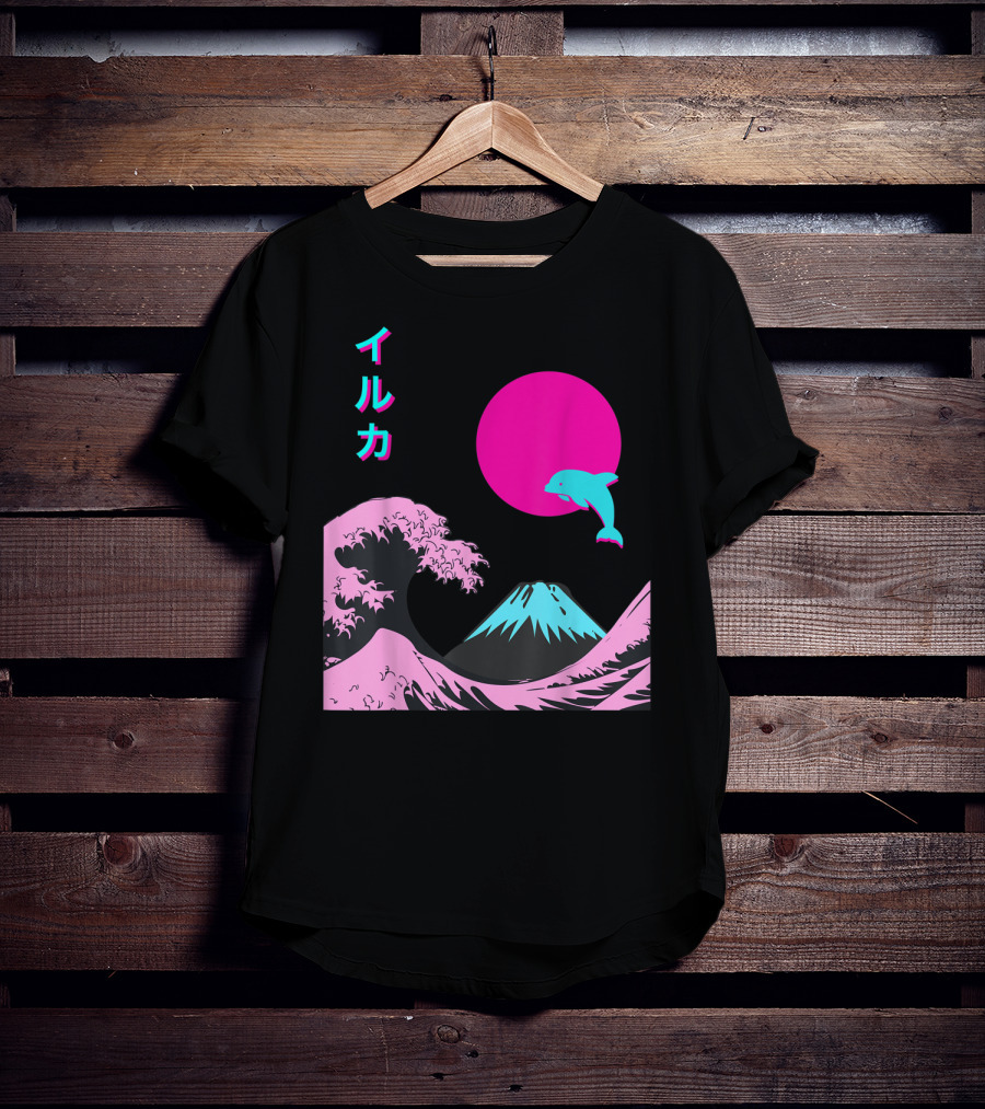 Retro Aesthetic Iruka Dolphin With Japanese Writing And Mount Fuji In Neon Colors T-Shirt