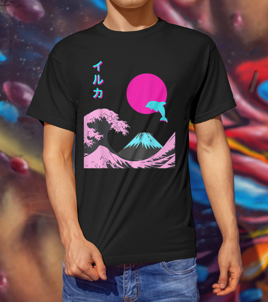 Retro Aesthetic Iruka Dolphin With Japanese Writing And Mount Fuji In Neon Colors T-Shirt