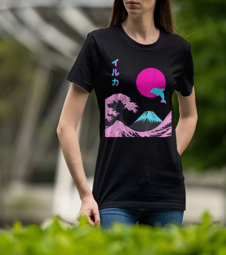 Retro Aesthetic Iruka Dolphin With Japanese Writing And Mount Fuji In Neon Colors T-Shirt