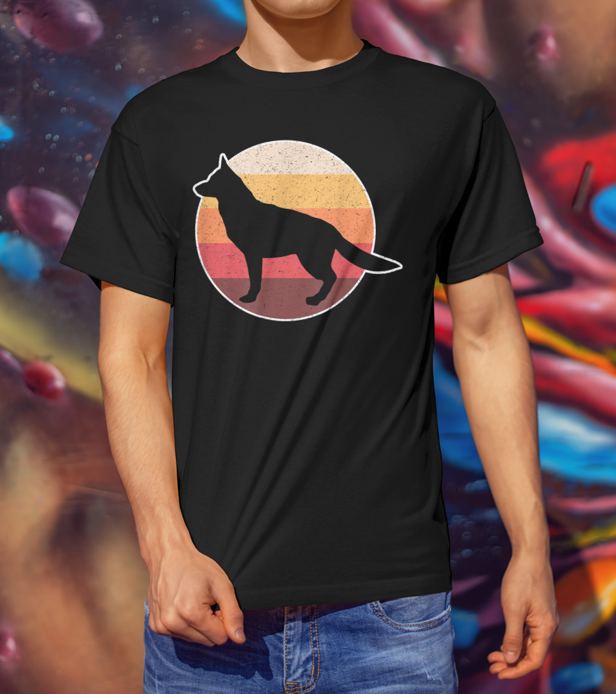 Vintage German Shepherd Silhouette With Retro Sunset Stripes T-Shirt