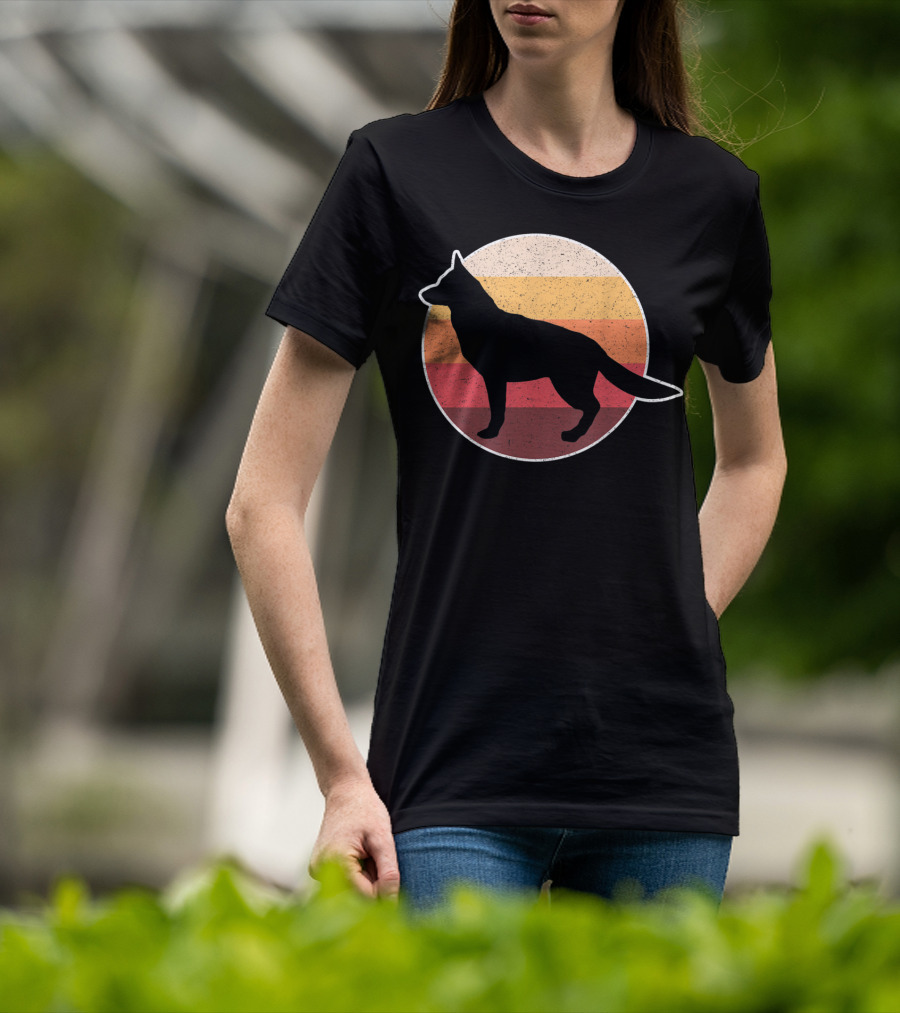 Vintage German Shepherd Silhouette With Retro Sunset Stripes T-Shirt