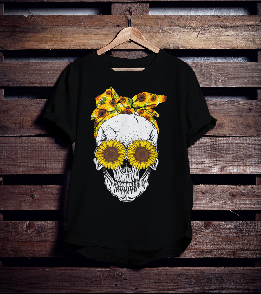 Skull With Sunflower Glasses And Floral Headband T-Shirt