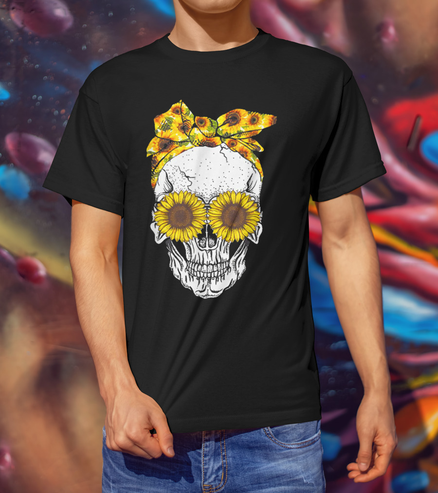 Skull With Sunflower Glasses And Floral Headband T-Shirt