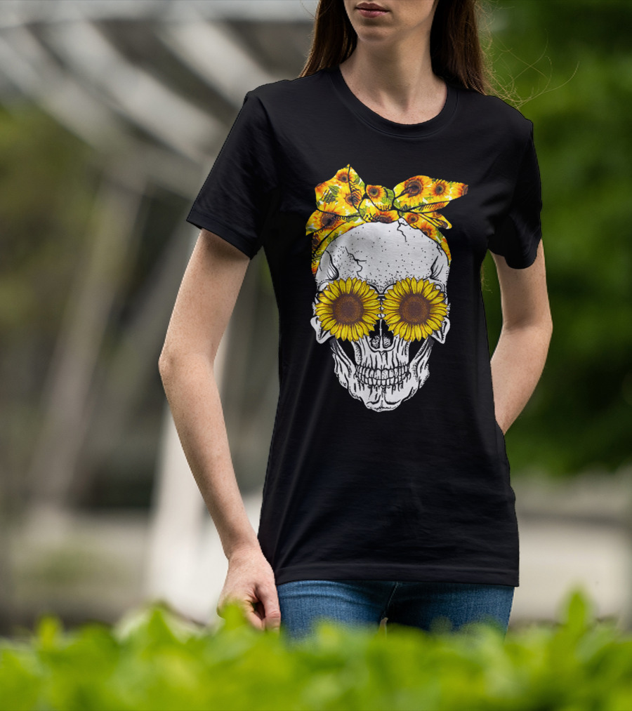 Skull With Sunflower Glasses And Floral Headband T-Shirt