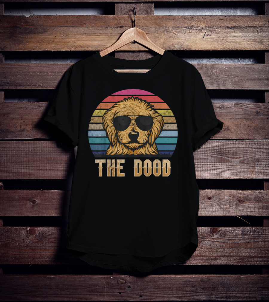 Retro Vintage Goldendoodle The Dood Dad Sunglasses Rainbow Stripes T-Shirt