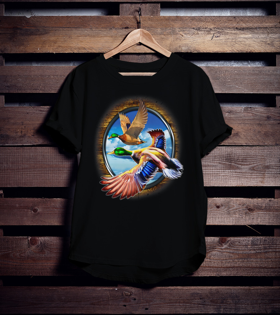 Flying Duck Hunting Scene With Colorful Ducks In Motion T-Shirt